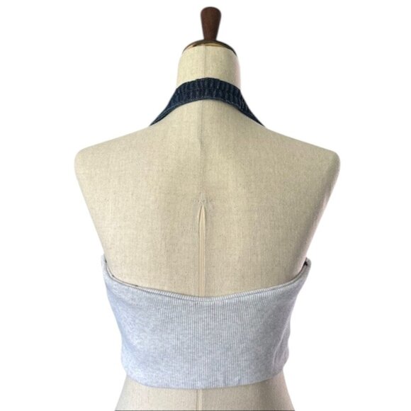 Zara Dark Wash Denim Cropped Mixed Media Halter Corset Top Hook Eye Closure Lrg - Picture 8 of 16